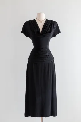 1940's Femme Fatale Perfectly Draped Black Cocktail Dress / Waist 27"