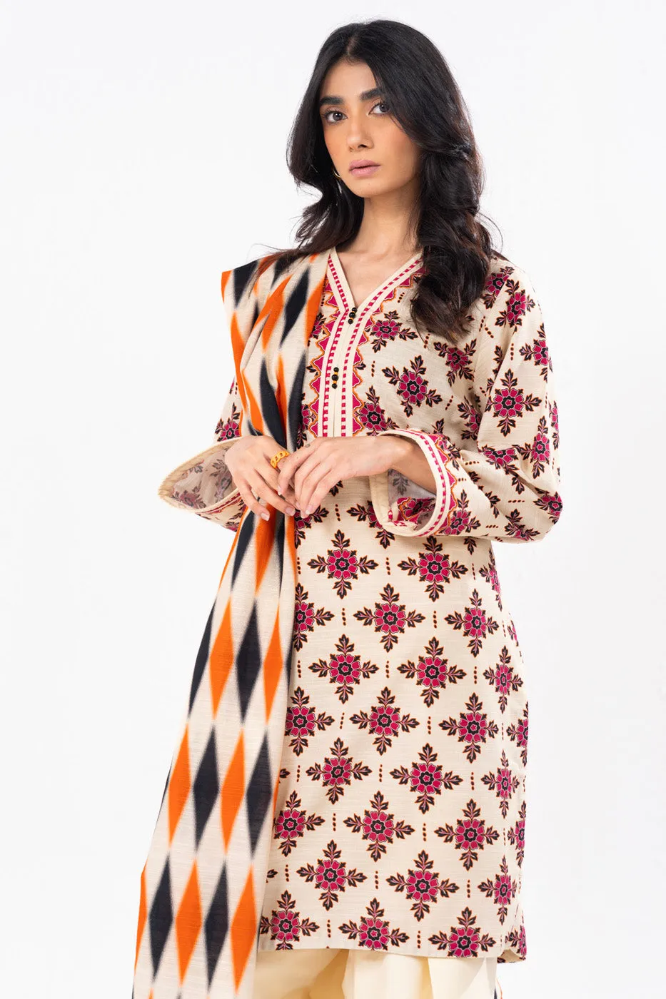 2 Pc Printed Khaddar Shirt With Khaddar Dupatta