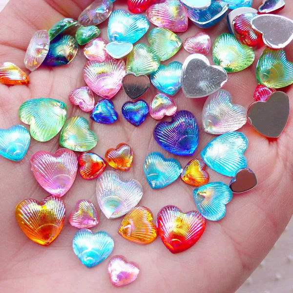 AB Heart Cabochons Mix / Assorted Acrylic Heart Rhinestones (Around 40-50pcs / 5gram / 6mm, 8mm & 10mm / Colorful Mix / Flatback) CAB497