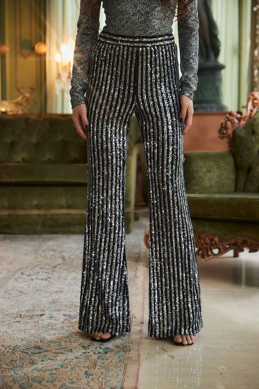 Alicia Black and Silver Striped Sequin Pants