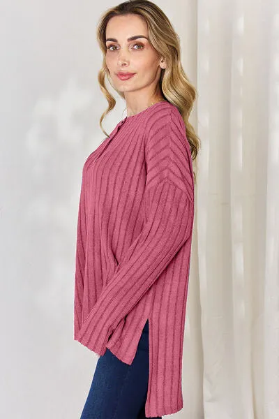 Basic Bae Ribbed Half Button Long Sleeve High-Low Top - 5 colors