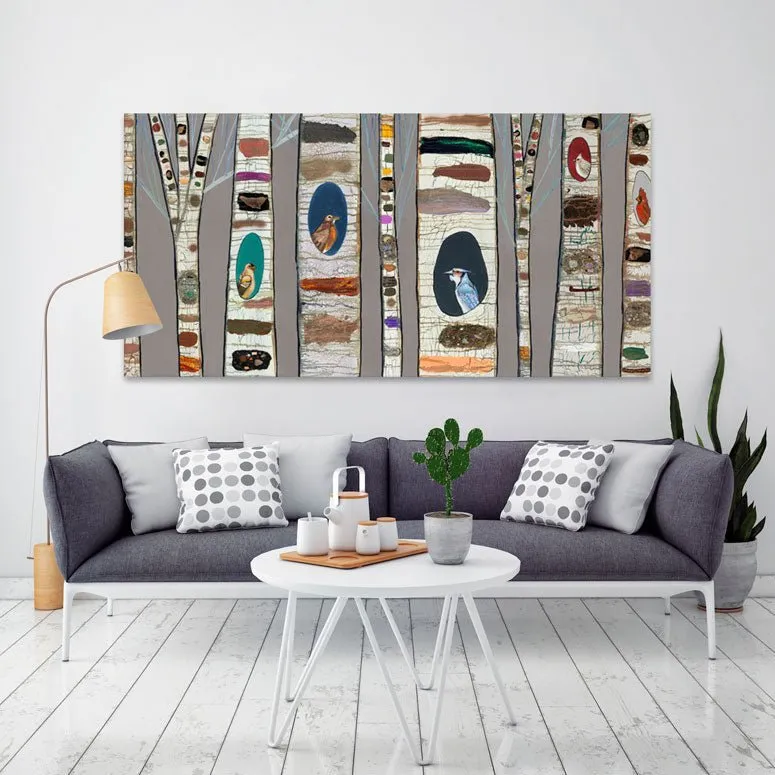 Birch Tree With Wild Birds Canvas Wall Art