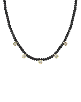Black Spinel Gemstone & Five diamonds Necklace - 14K Yellow Gold