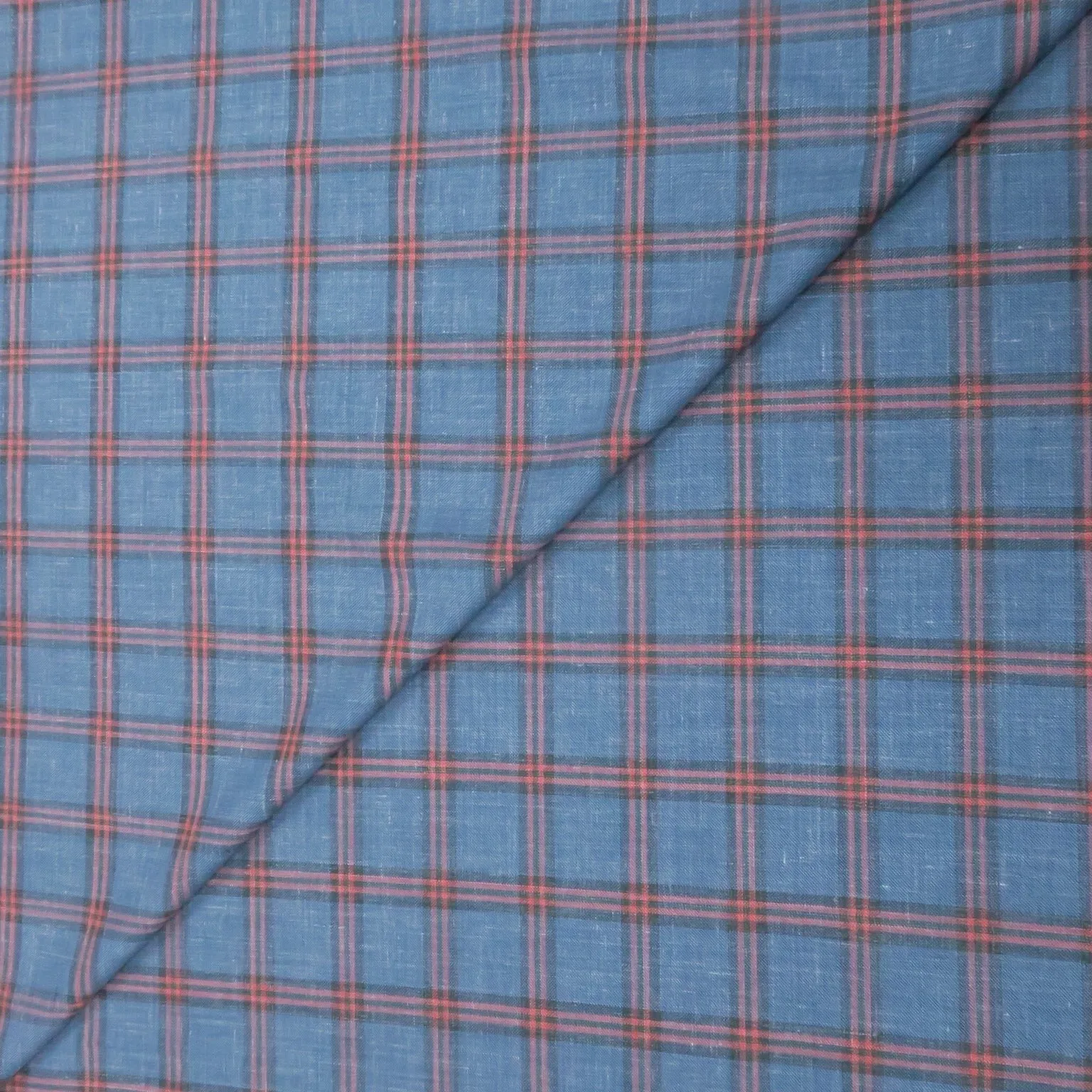 Blue & Orange Plaid Windowpane Wool and Linen Calypso Rising Sun Dormeuil Fabric