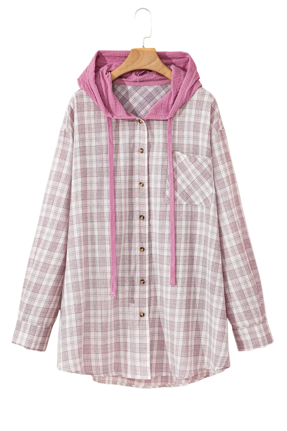 Bonbon Plaid Print Drawstring Hooded Button-up Plus Size Shirt