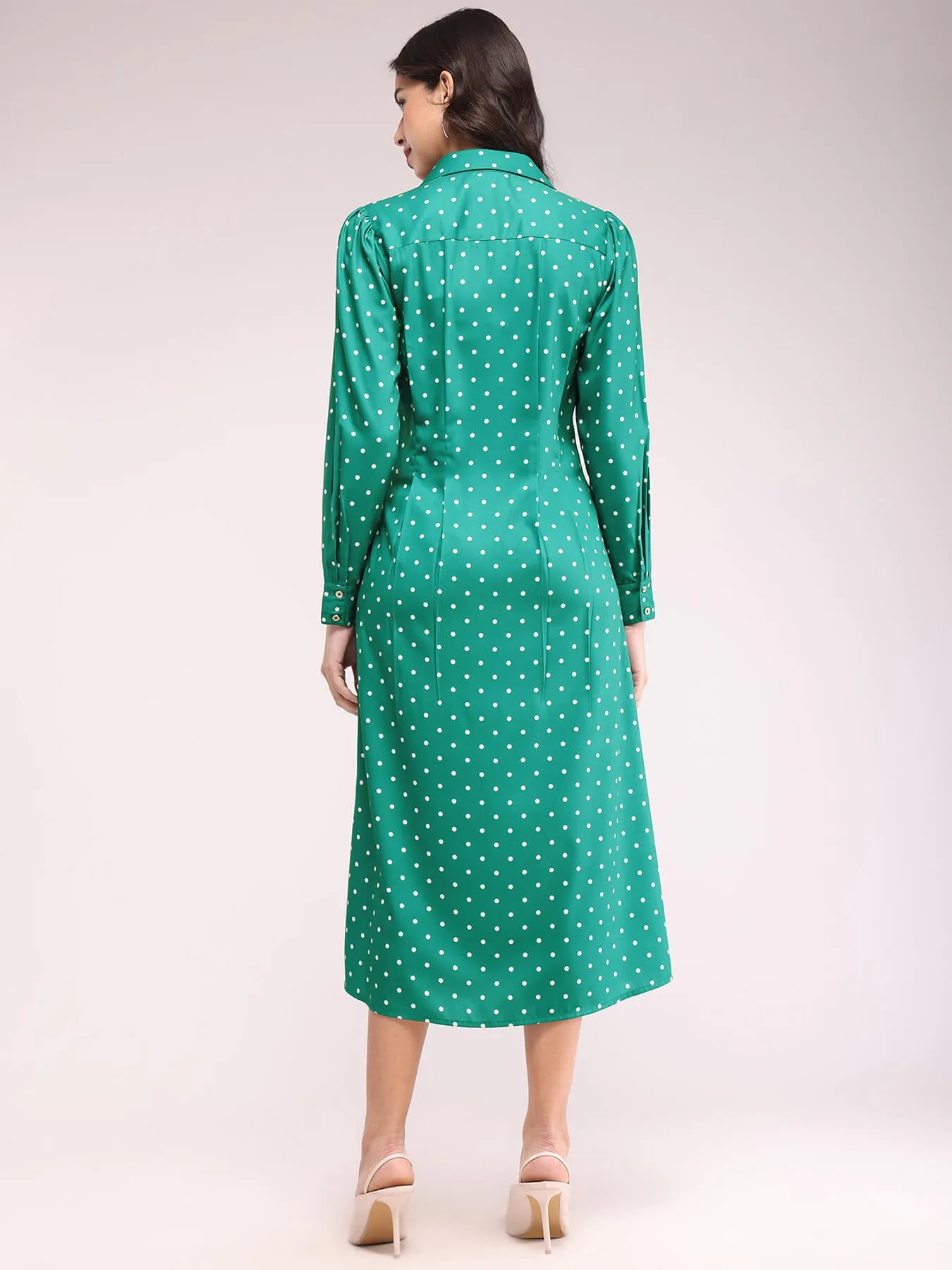 Button Down Shirt Dress - Green And Ecru