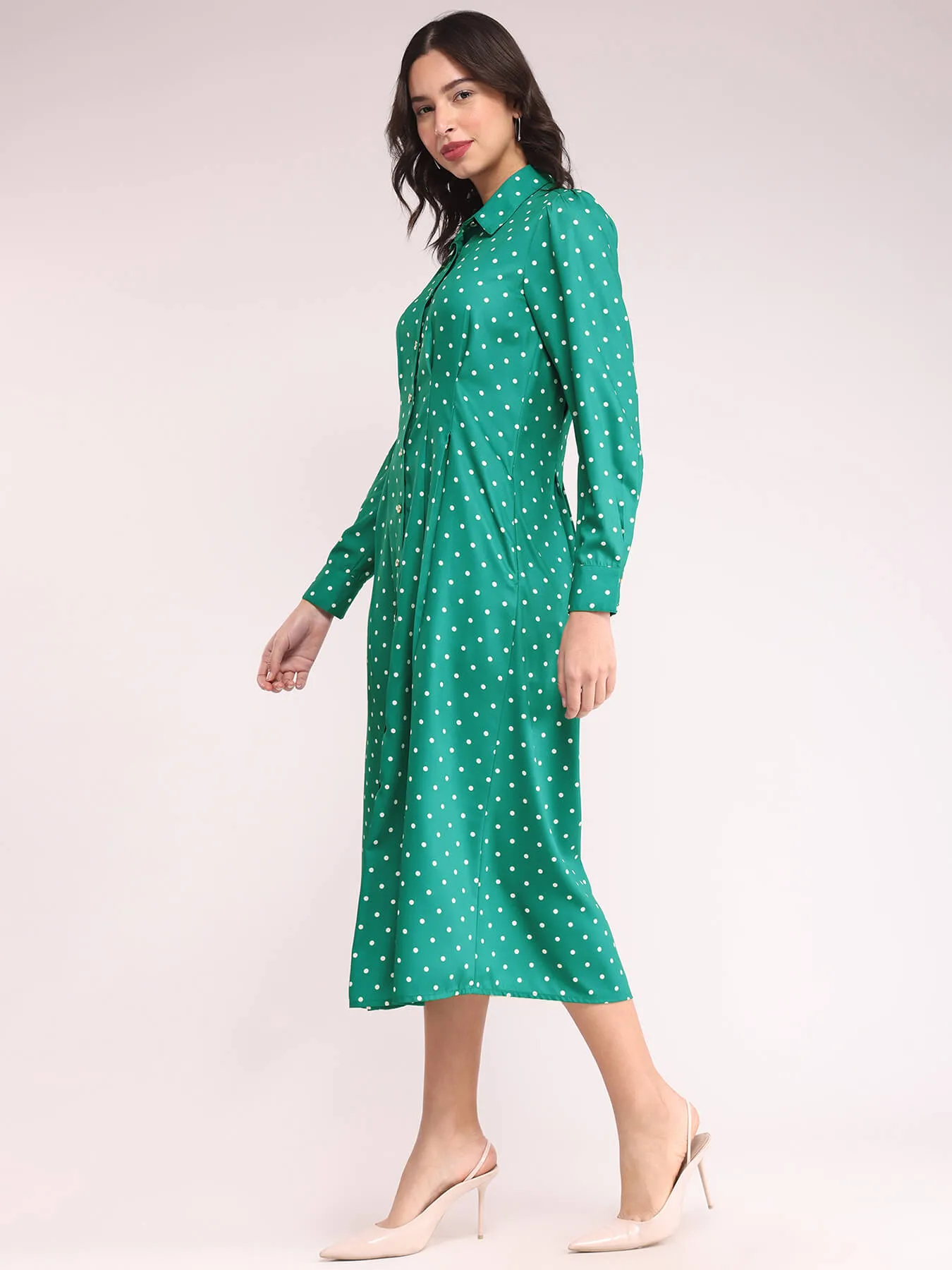 Button Down Shirt Dress - Green And Ecru