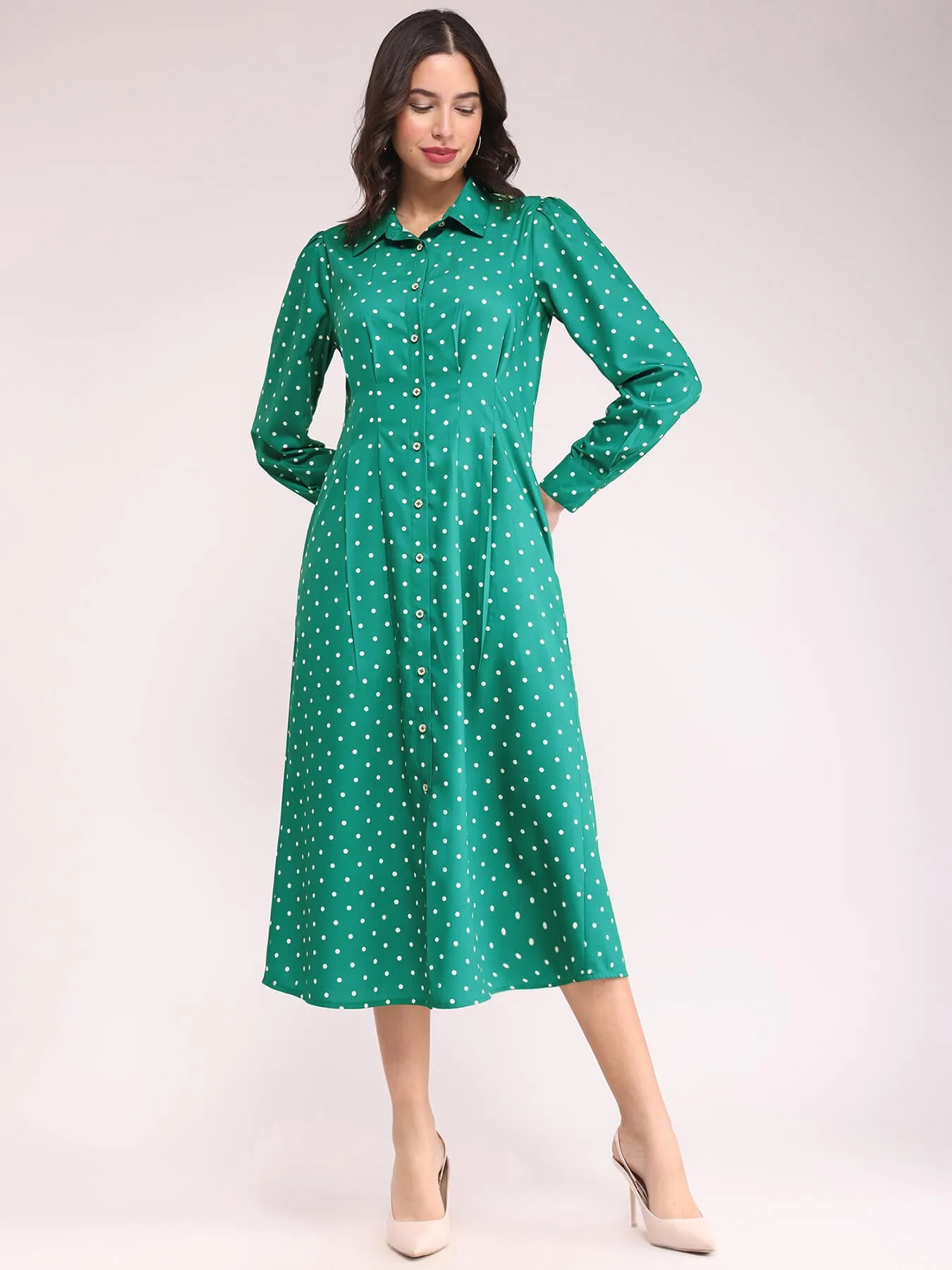 Button Down Shirt Dress - Green And Ecru