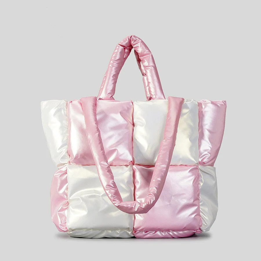 Color Matching Down Cotton-Padded Tote Bag – Soft Plaid Shoulder Handbag