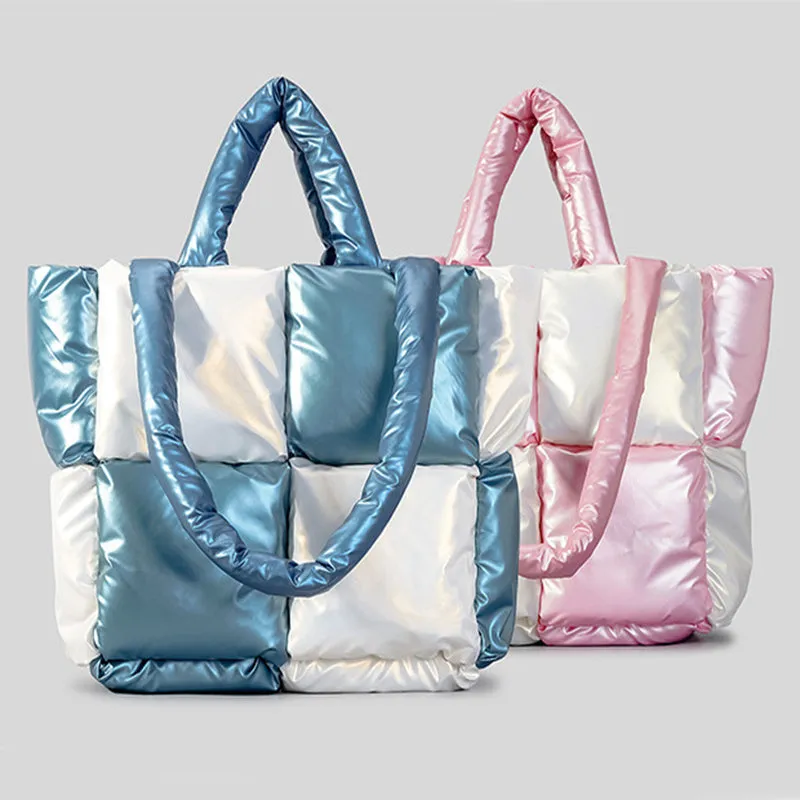 Color Matching Down Cotton-Padded Tote Bag – Soft Plaid Shoulder Handbag