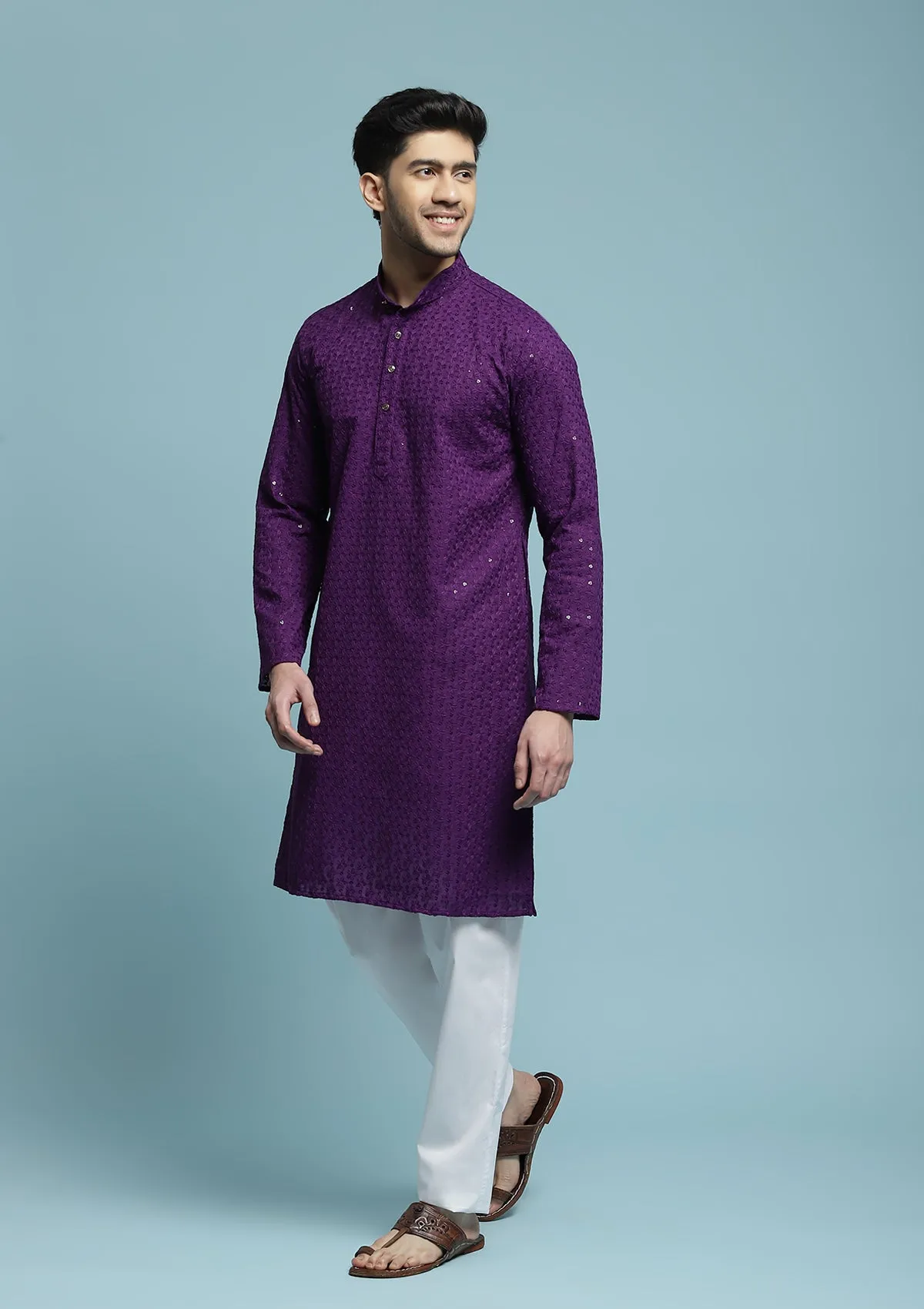 Cotton Schiffli With Sequins Solid Men's Long Kurta - Purple