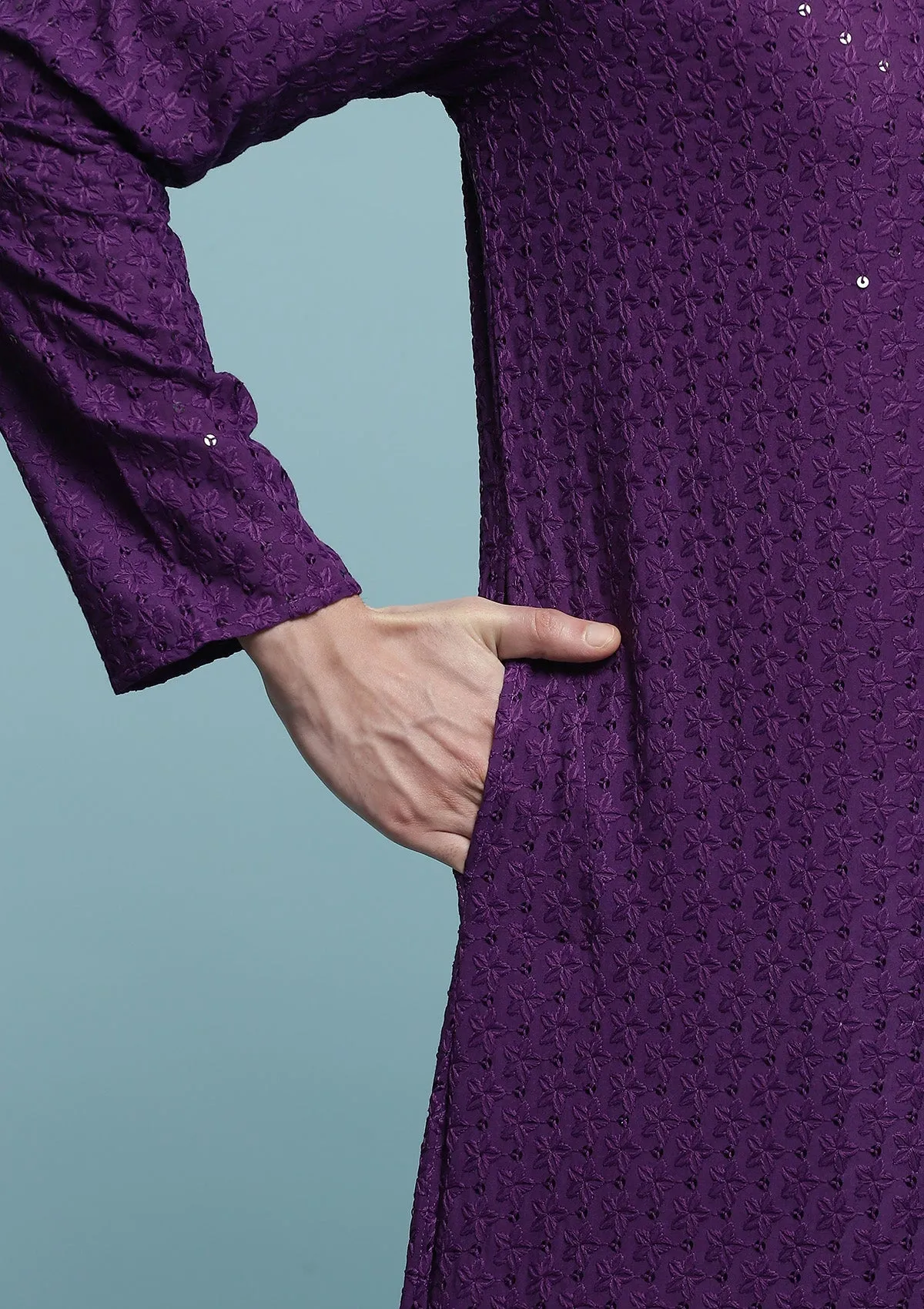Cotton Schiffli With Sequins Solid Men's Long Kurta - Purple
