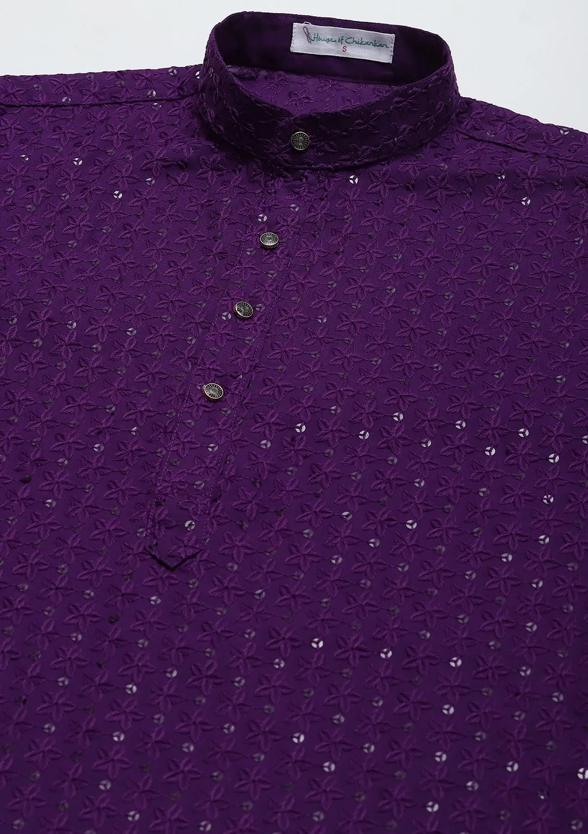 Cotton Schiffli With Sequins Solid Men's Long Kurta - Purple