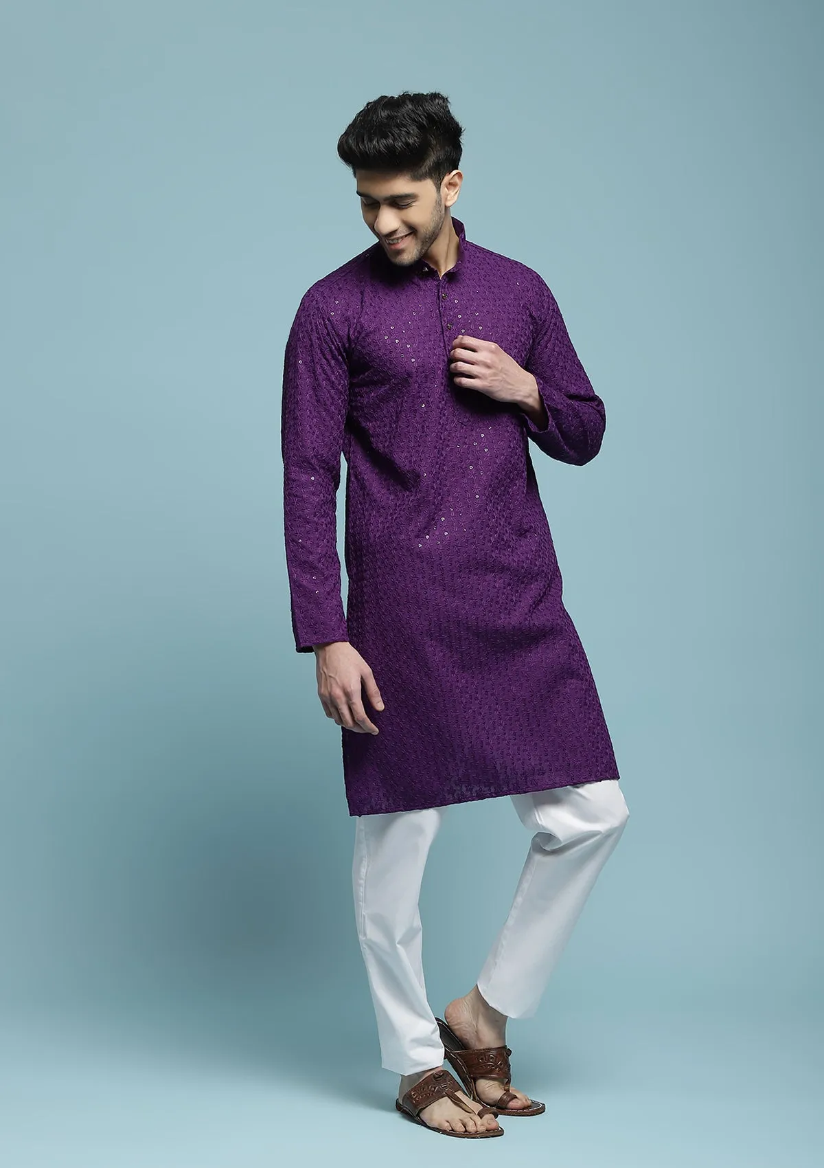 Cotton Schiffli With Sequins Solid Men's Long Kurta - Purple
