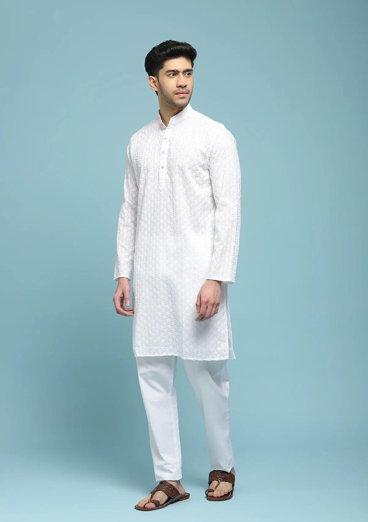 Cotton Schiffli With Sequins Solid Men's Long Kurta - White