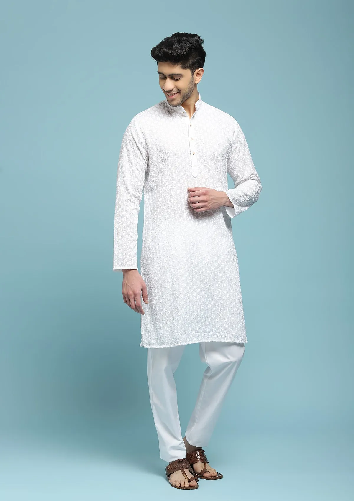 Cotton Schiffli With Sequins Solid Men's Long Kurta - White