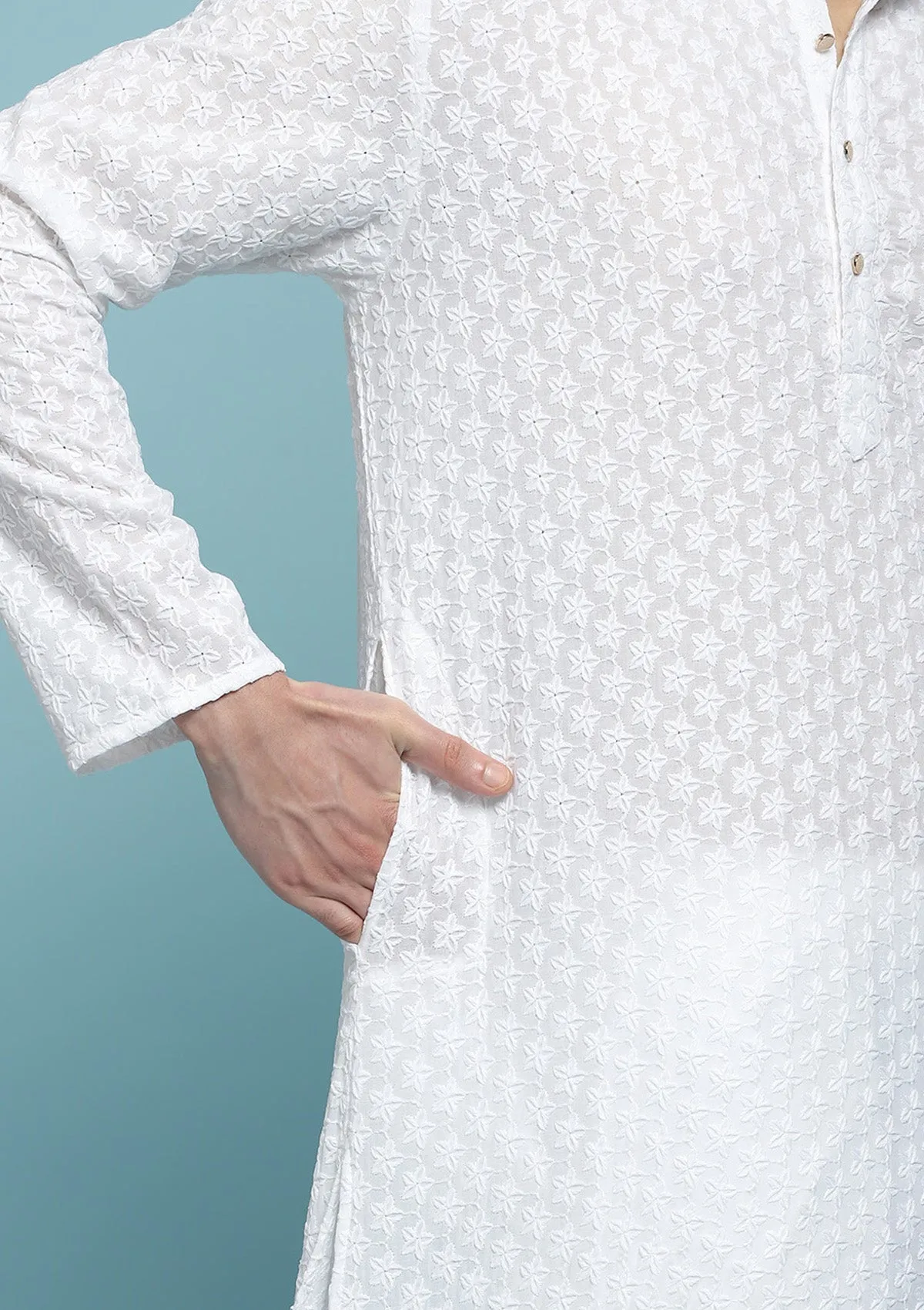 Cotton Schiffli With Sequins Solid Men's Long Kurta - White