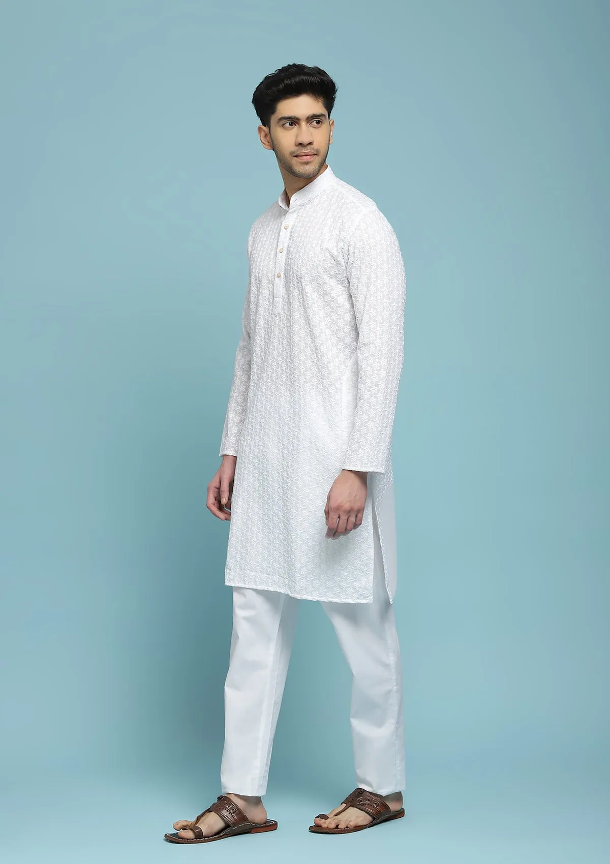 Cotton Schiffli With Sequins Solid Men's Long Kurta - White