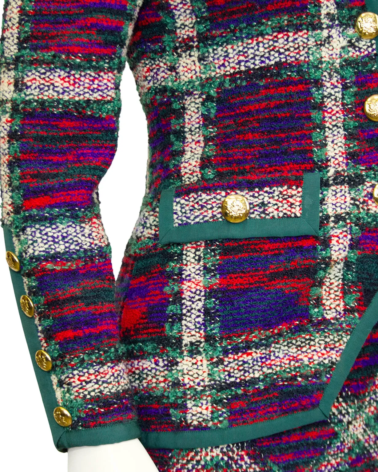 Green, Purple & Red Plaid Knit Skirt Suit