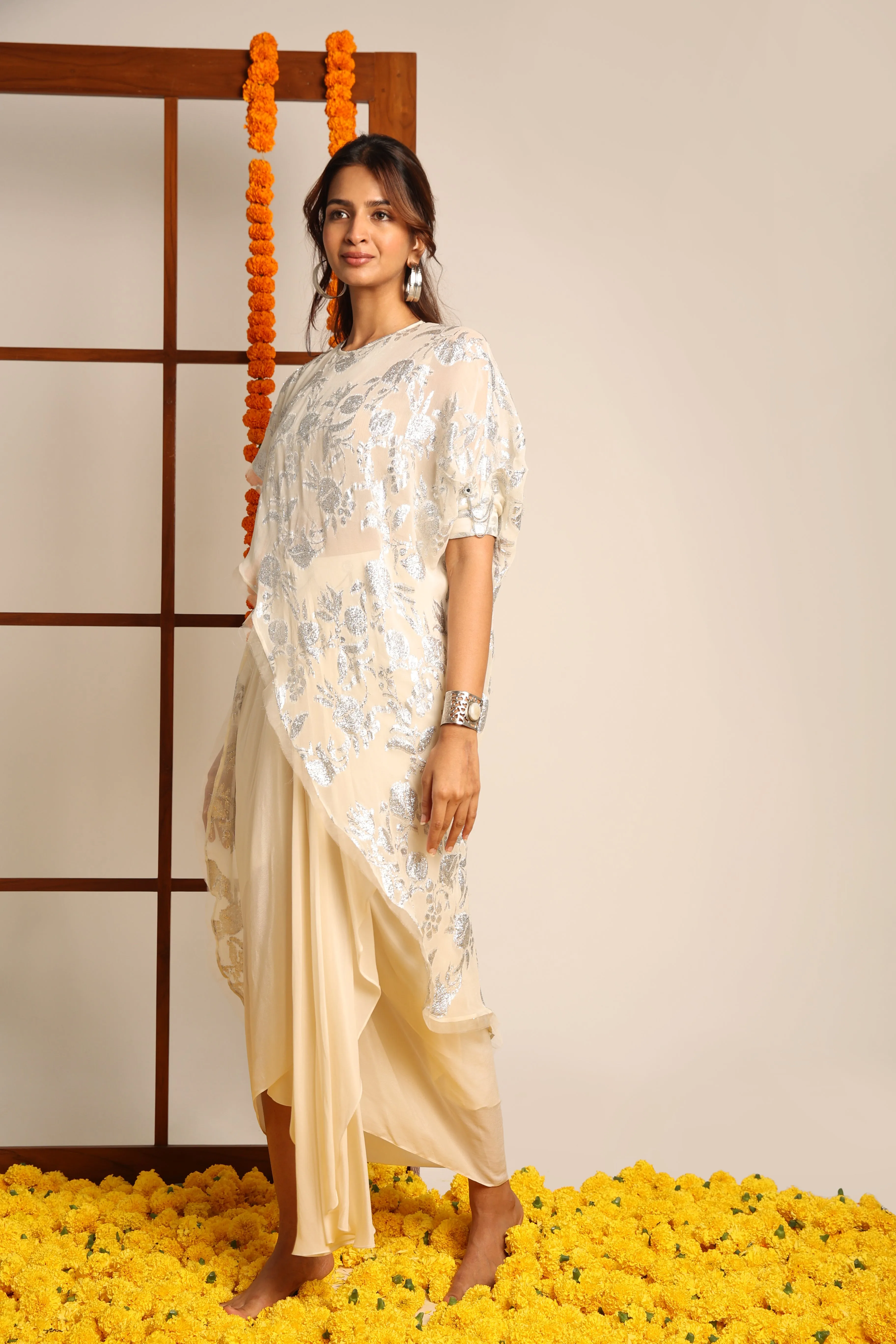Ivory Embroidered Draped Skirt