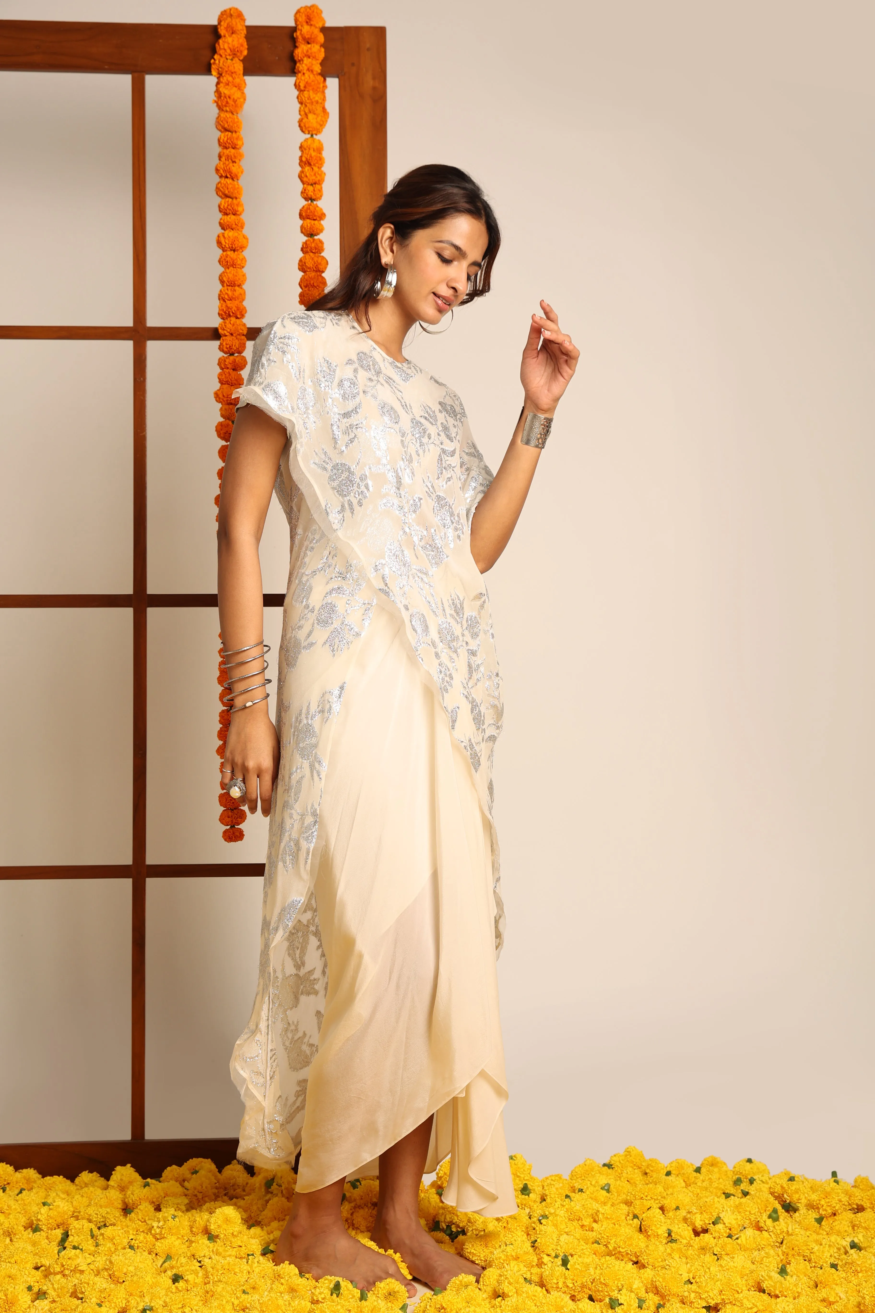 Ivory Embroidered Draped Skirt