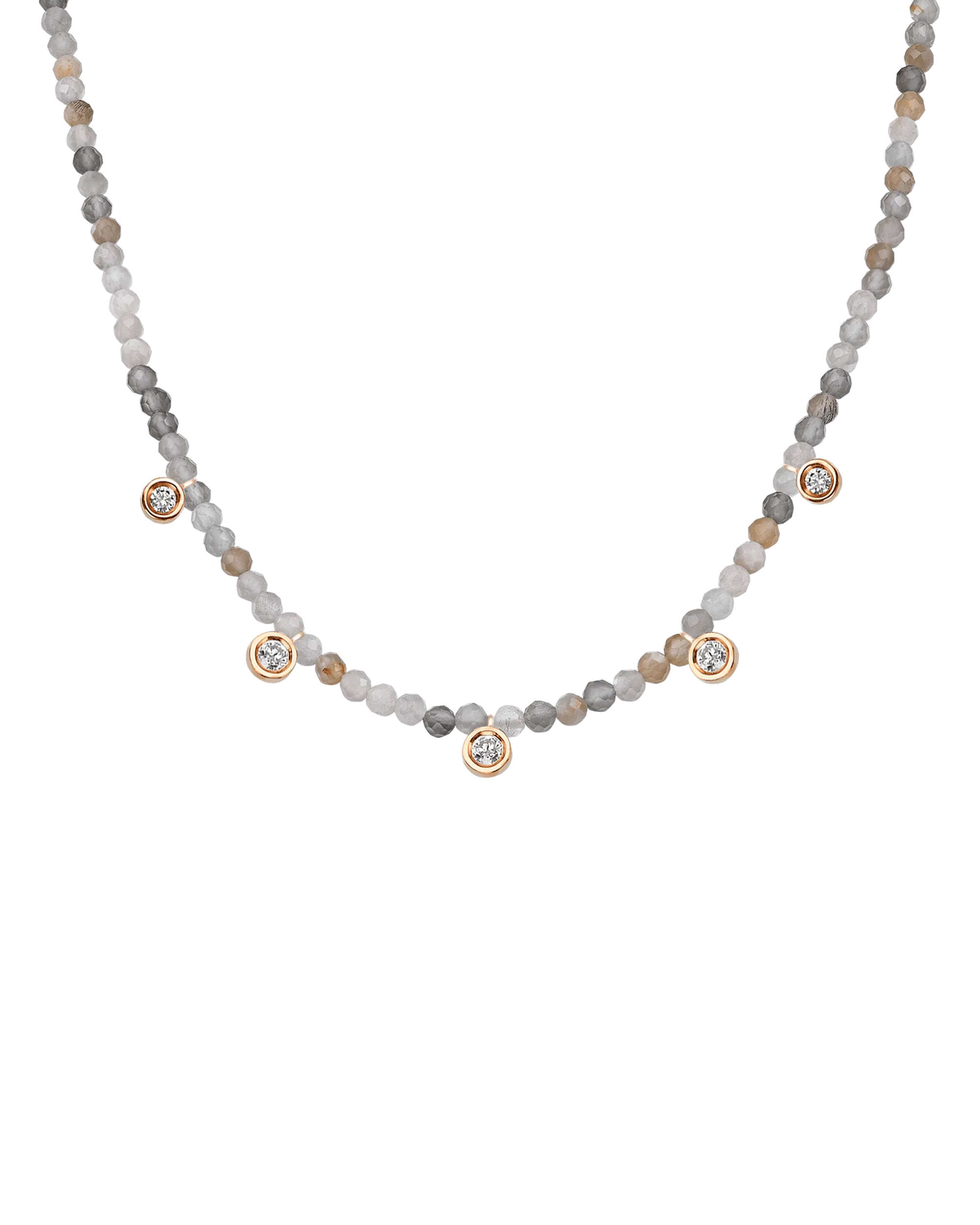Moonstone Gemstone & Five diamonds Necklace - 14K Yellow Gold