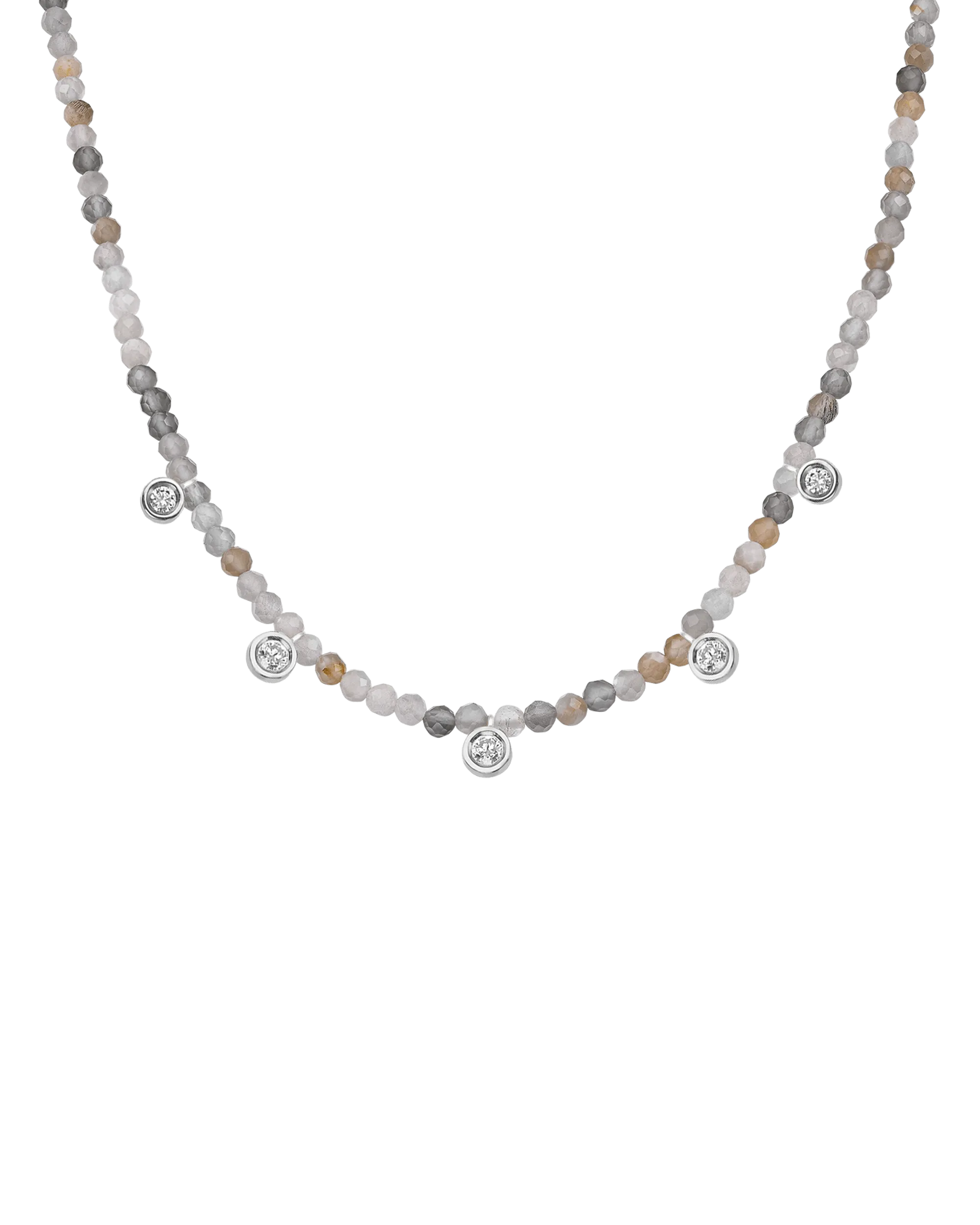 Moonstone Gemstone & Five diamonds Necklace - 14K Yellow Gold