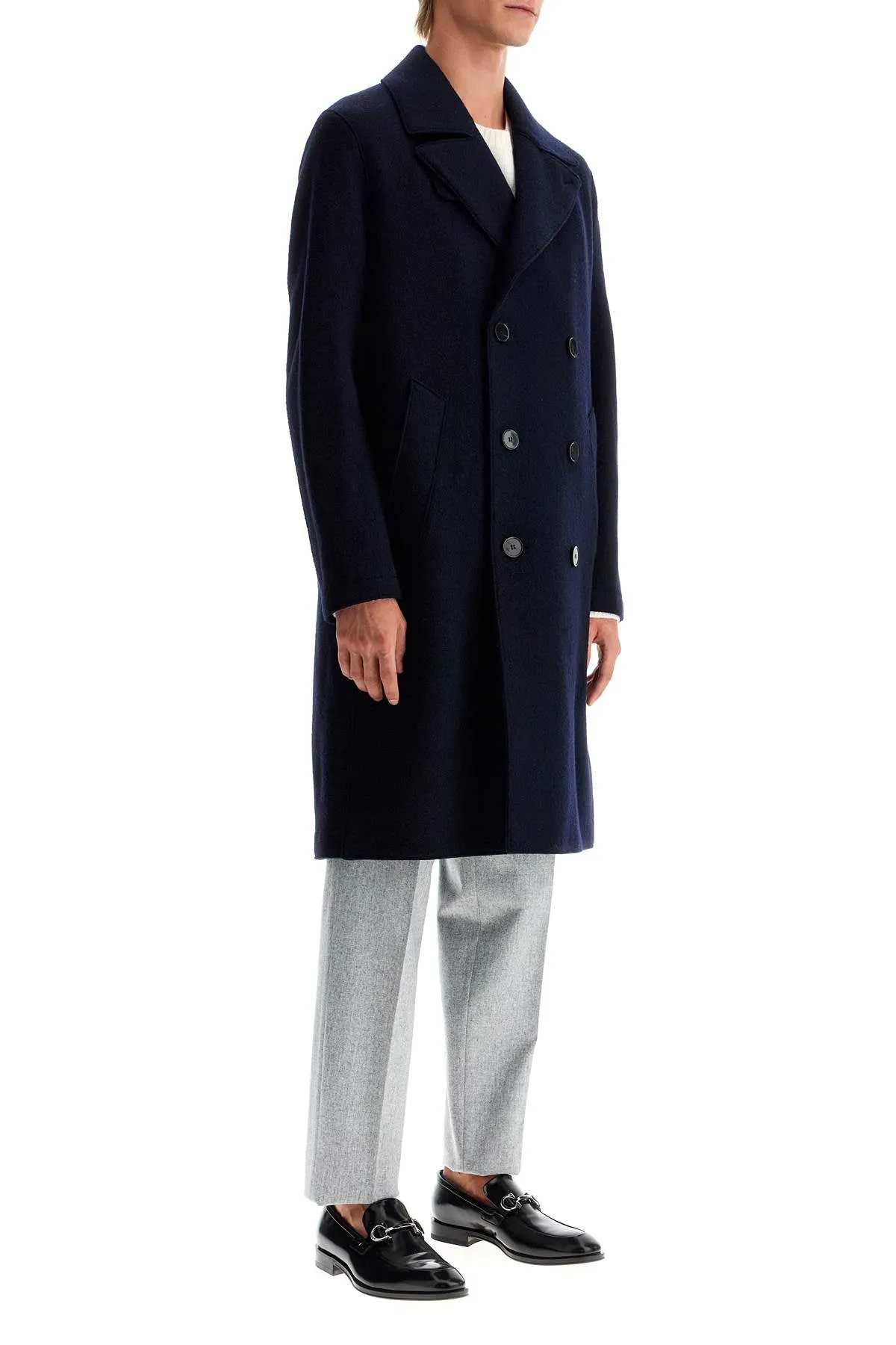 NAVY BLUE DOUBLE-BREASTED WOOL COAT
