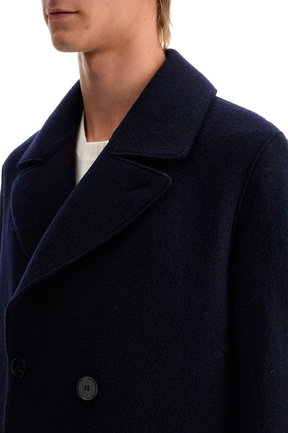NAVY BLUE DOUBLE-BREASTED WOOL COAT