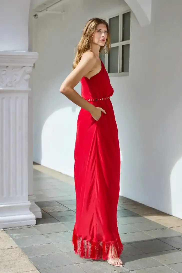 Red One Shoulder Kaftan With Mirror Belt