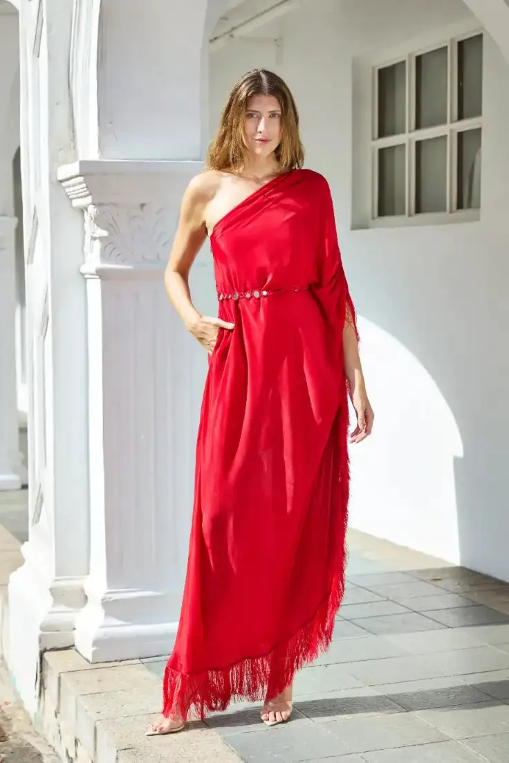 Red One Shoulder Kaftan With Mirror Belt